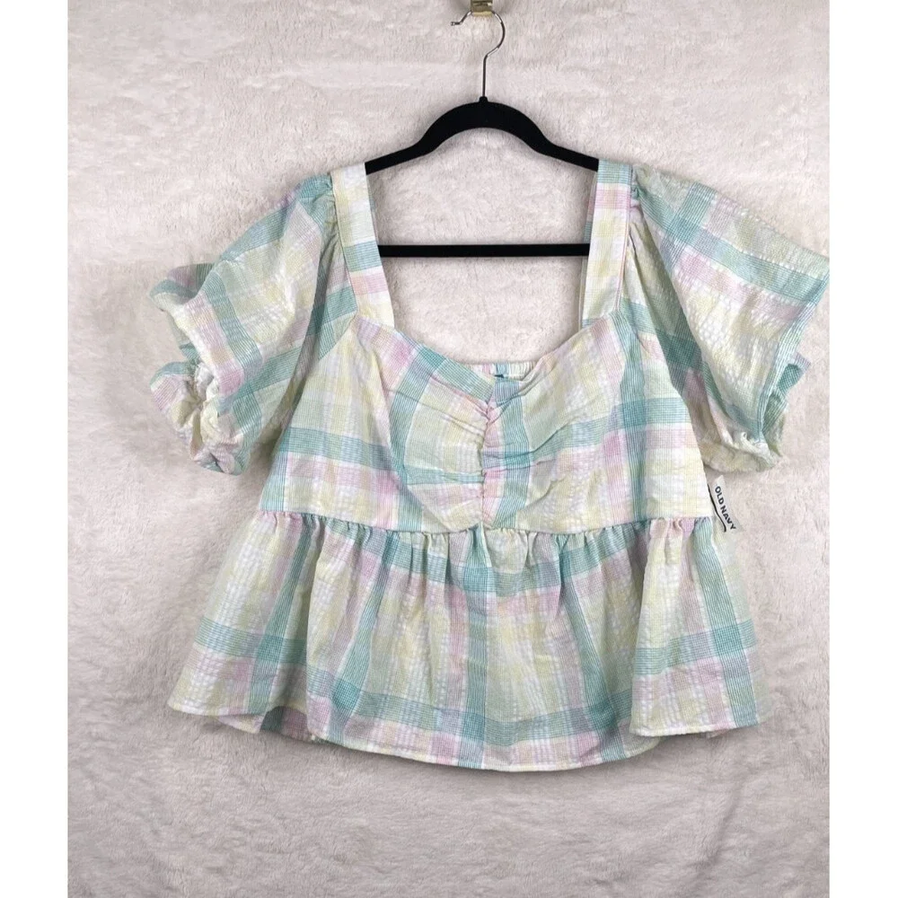 Old Navy Womens 2X Pastel Plaid Top Puff Sleeve Smocked Back Ruffled Peplum NWT